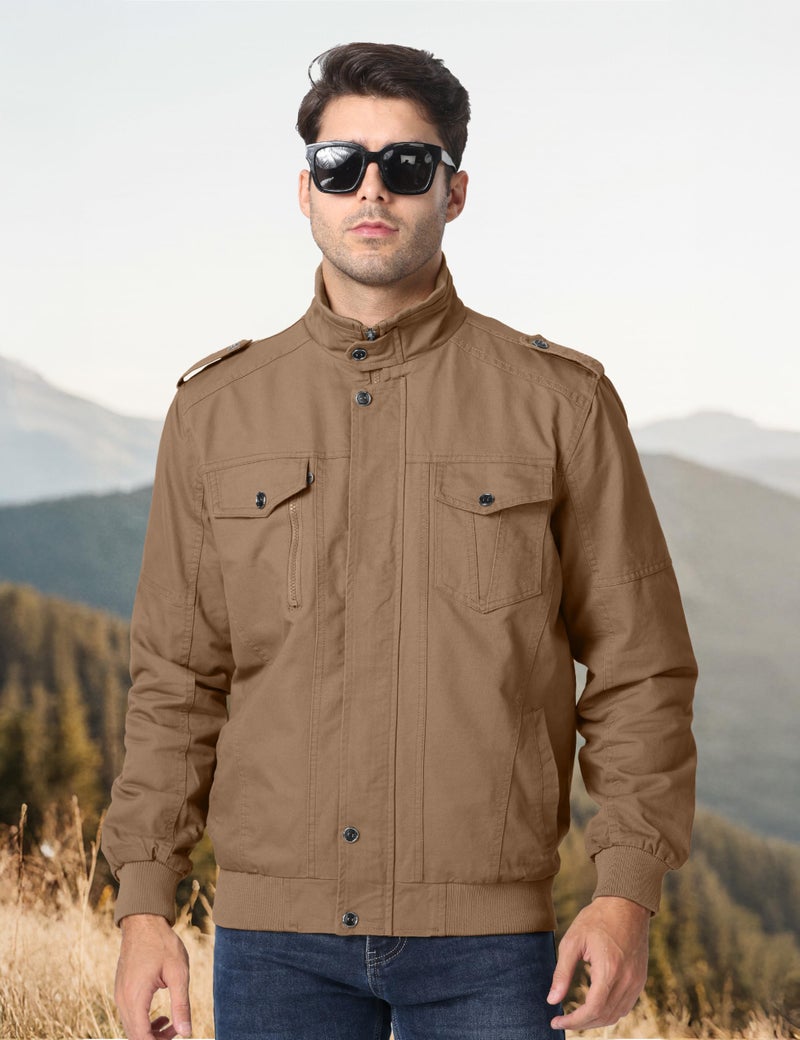 CRYSULLY Men's Cotton Lightweight Multi Pockets Zip Front Stand Collar Military Jackets Windbreaker - Image 4